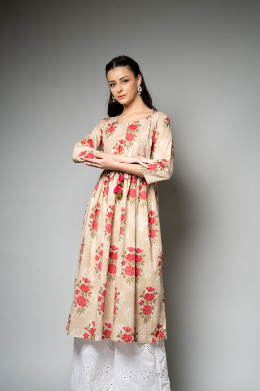 Tussar Floral Printed Cotton Readymade Long Kurta