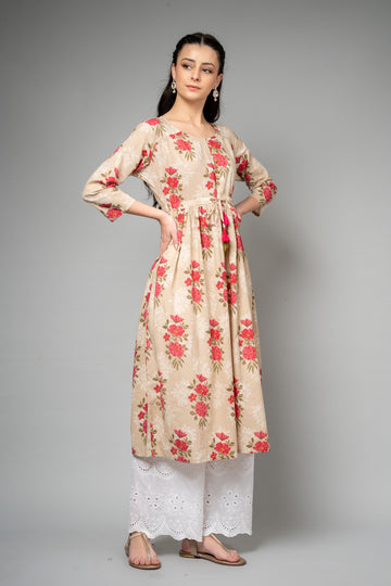 Tussar Floral Printed Cotton Readymade Long Kurta