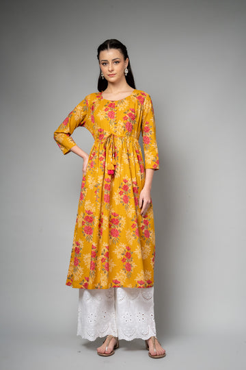 Mustard Floral Printed Cotton Readymade Long Kurta