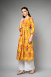 Mustard Floral Printed Cotton Readymade Long Kurta