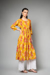 Mustard Floral Printed Cotton Readymade Long Kurta