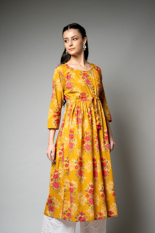 Mustard Floral Printed Cotton Readymade Long Kurta