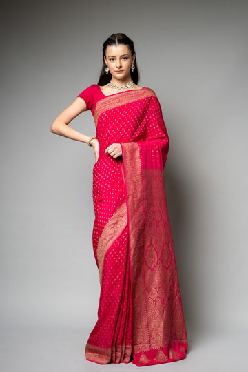 Rani Woven Zari Banarasi Silk Saree With Unstitched Blouse