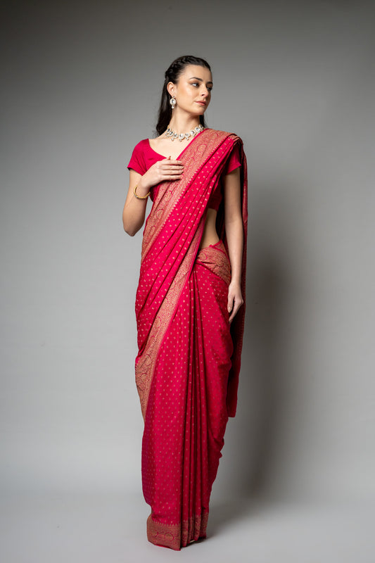 Rani Banarasi Woven Zari Crepe Saree With Unstitched blouse