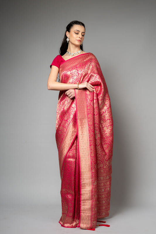 Rani Swarovski & Woven Zari Banarasi Silk Saree With Unstitched Blouse