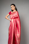 Rani Swarovski & Woven Zari Banarasi Silk Saree With Unstitched Blouse