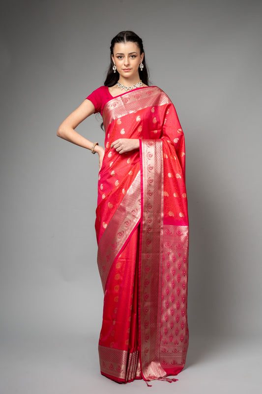 Rani Woven Zari Banarasi Silk Saree With Unstitched Blouse