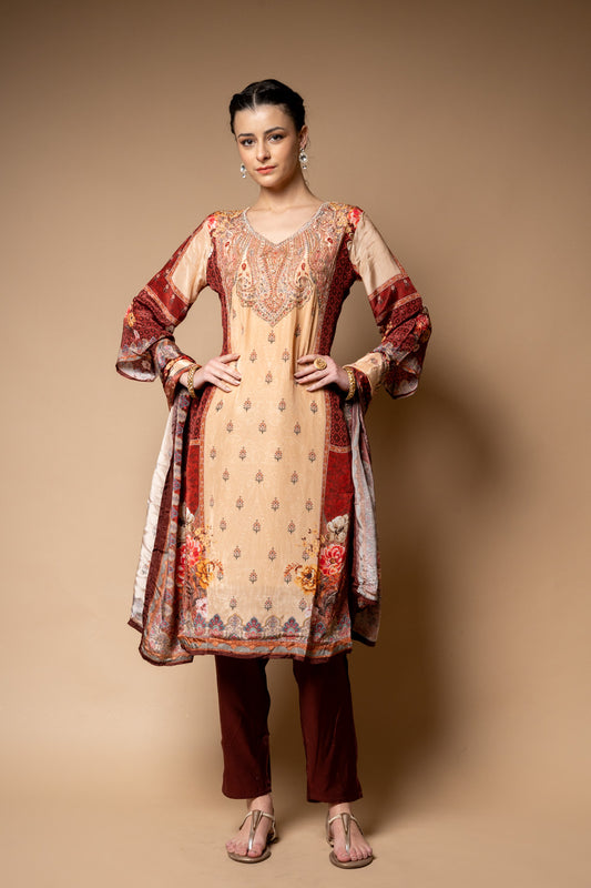 Maroon Crepe Readymade Suit And Pant With Crepe Dupatta