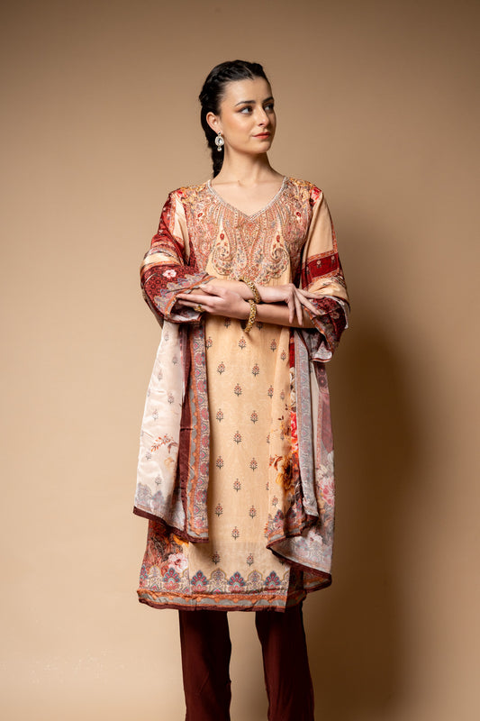 Maroon Crepe Readymade Suit And Pant With Crepe Dupatta