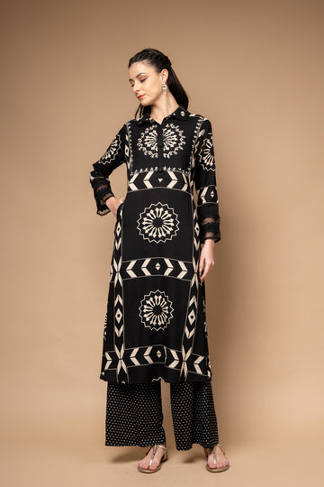 Black Firozi Cotton Embroidered Readymade Suit With Pant