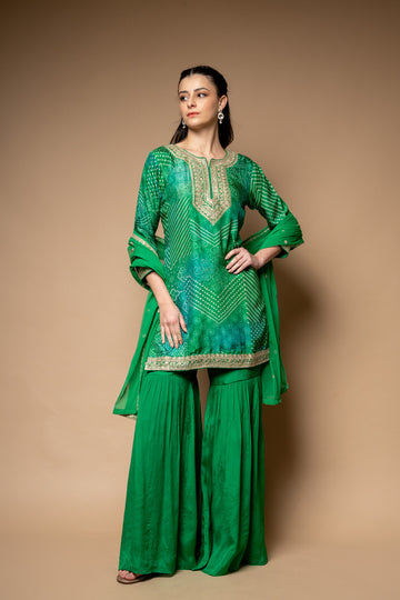 Emerald Green Soft Twill Readymade Sharara Set With Net Dupatta