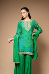 Emerald Green Soft Twill Readymade Sharara Set With Net Dupatta