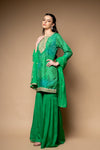 Emerald Green Soft Twill Readymade Sharara Set With Net Dupatta