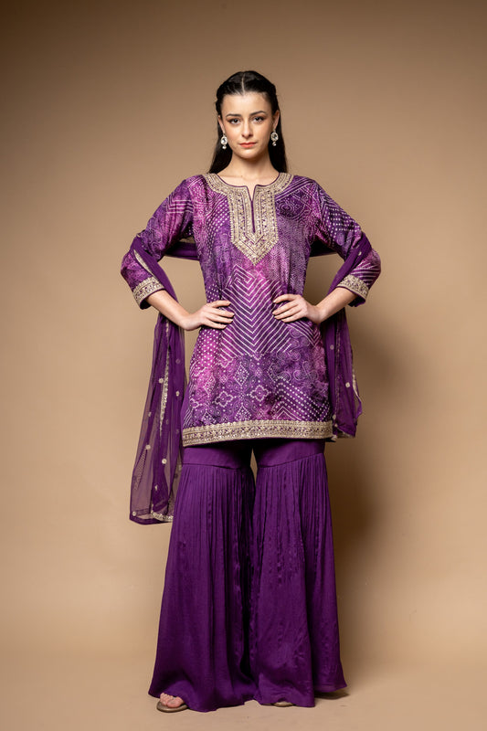 Purple Soft Twill Readymade Sharara Set With Net Dupatta