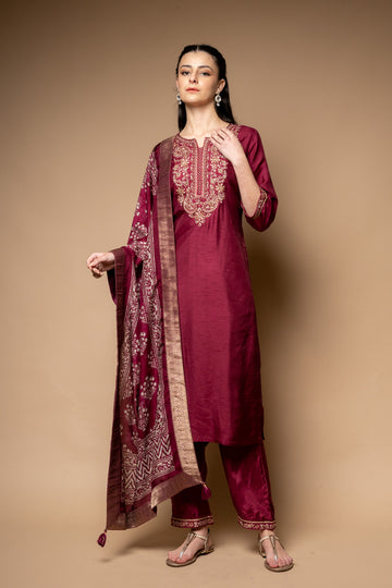 Garnet Cotton Readymade Suit And Pant With Cotton Dupatta