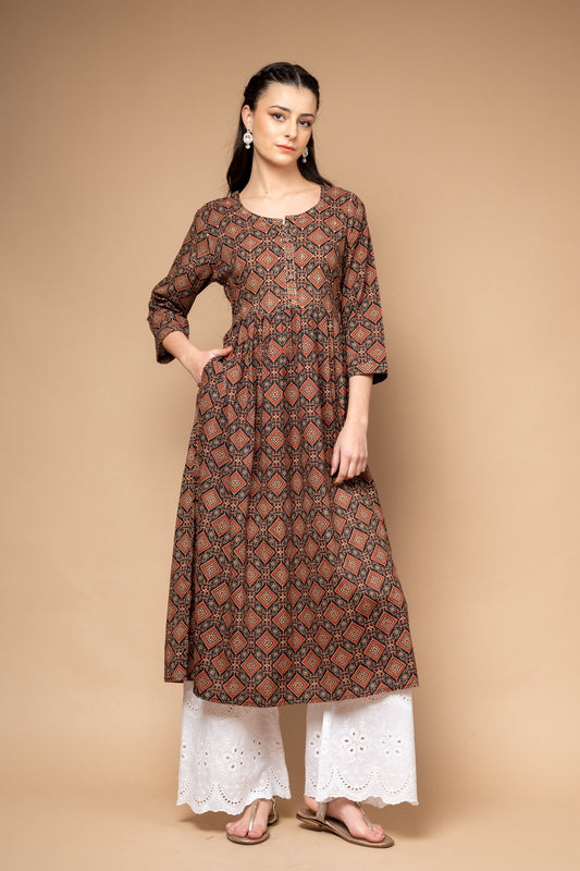 Black Digital Printed Cotton Readymade Long Kurta