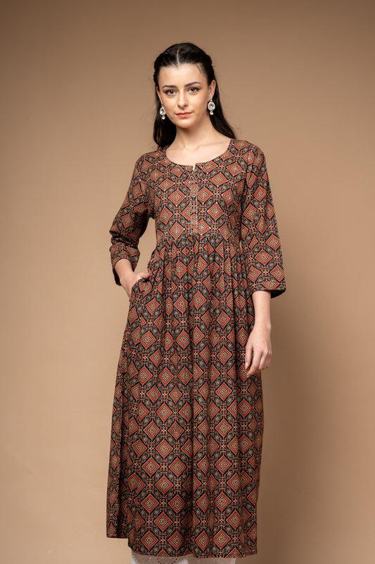 Black Digital Printed Cotton Readymade Long Kurta