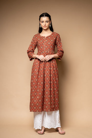 Maroon Digital Printed Cotton Readymade Long Kurta