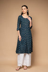 Navy Blue Digital Printed Cotton Readymade Long Kurta