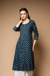 Navy Blue Digital Printed Cotton Readymade Long Kurta