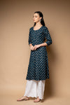 Navy Blue Digital Printed Cotton Readymade Long Kurta