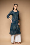 Navy Blue Digital Printed Cotton Readymade Long Kurta