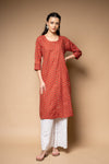 Red Digital Printed Cotton Readymade Long Kurta