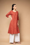 Red Digital Printed Cotton Readymade Long Kurta