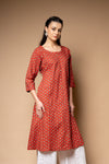 Red Digital Printed Cotton Readymade Long Kurta