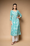 Tea Green Floral Printed Cotton Readymade Long Kurta