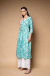 Tea Green Floral Printed Cotton Readymade Long Kurta