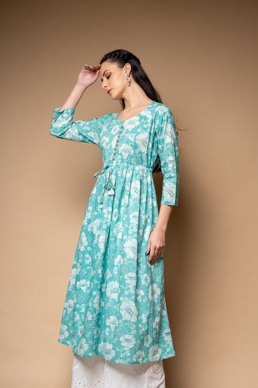 Tea Green Floral Printed Cotton Readymade Long Kurta