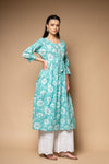 Tea Green Floral Printed Cotton Readymade Long Kurta