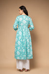 Tea Green Floral Printed Cotton Readymade Long Kurta