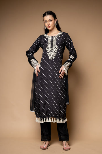 Black Cotton Readymade Suit And Pant With Net Dupatta