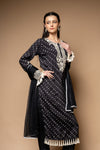 Black Cotton Readymade Suit And Pant With Net Dupatta