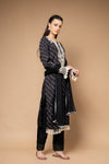 Black Cotton Readymade Suit And Pant With Net Dupatta