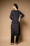 Black Cotton Readymade Suit And Pant With Net Dupatta