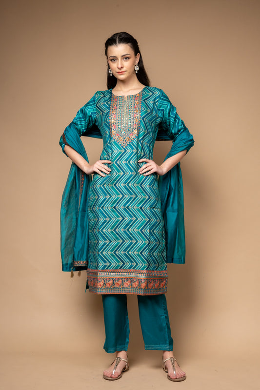 Jade Green Cotton Readymade Suit And Pant With Organza Dupatta