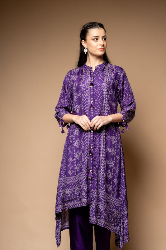 Purple Bandhini Printed Dolna Readymade Suit With Pant