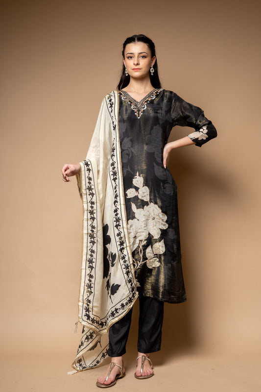 Black Shimmer Readymade Suit And Pant With Shimmer Dupatta