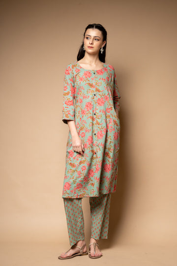 Mint Green Floral Printed Cotton Readymade Suit With Pant