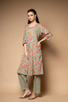 Mint Green Floral Printed Cotton Readymade Suit With Pant