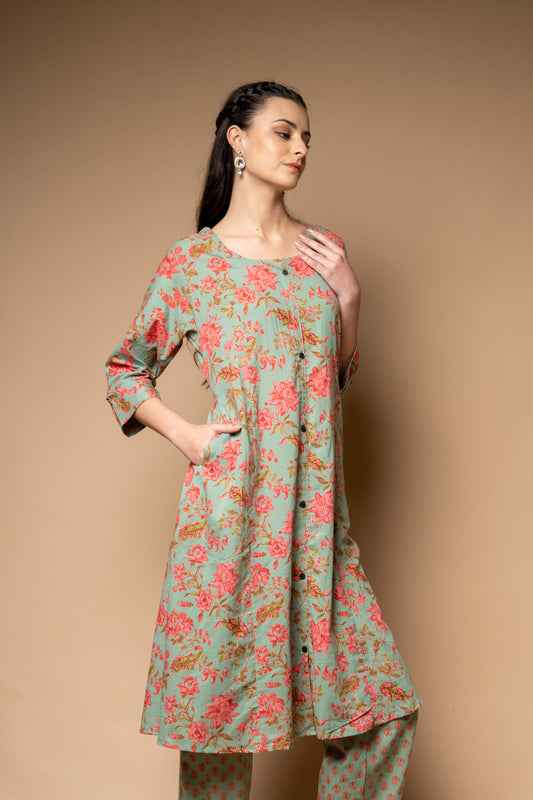 Mint Green Floral Printed Cotton Readymade Suit With Pant