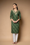 Bottle Green Lehriya Printed Cotton Readymade Long Kurta