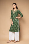 Bottle Green Lehriya Printed Cotton Readymade Long Kurta