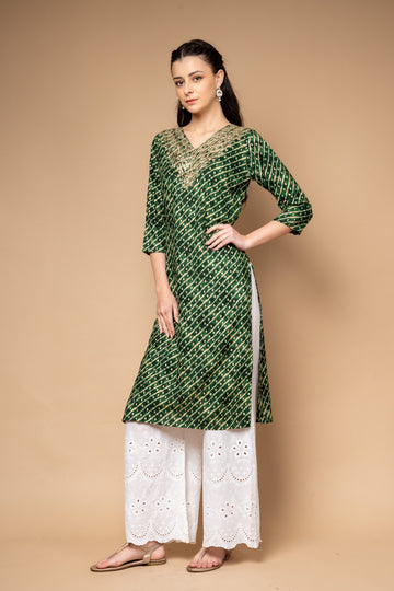 Bottle Green Lehriya Printed Cotton Readymade Long Kurta