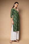 Bottle Green Lehriya Printed Cotton Readymade Long Kurta