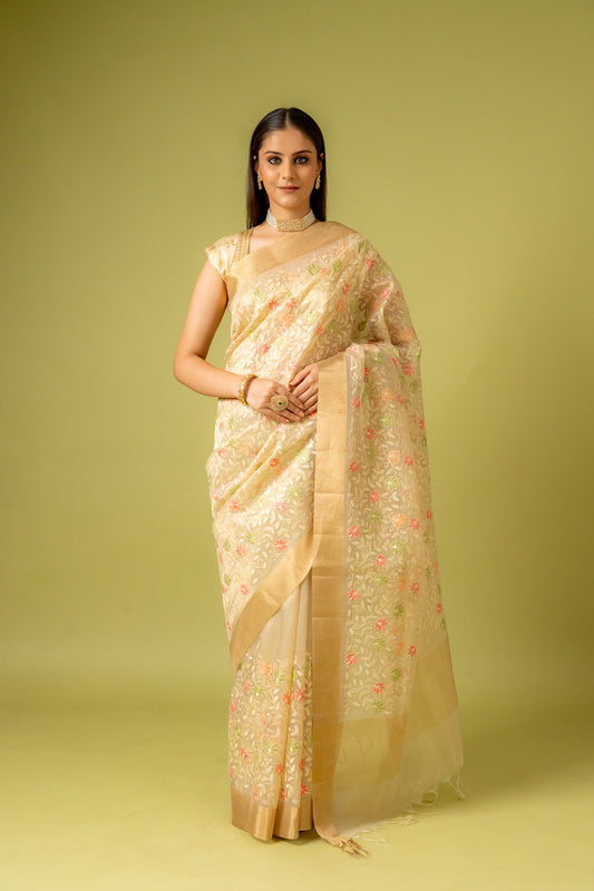 Tussar Banarasi Woven Zari & Threadwork Cotton Saree With Unstitched Blouse