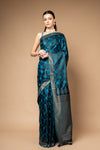 Black Blue Woven Zari Banarasi Silk Saree With Unstitched Blouse